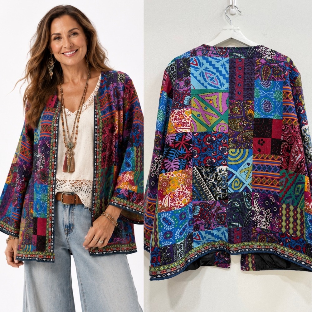 Patchwork Print Open Front Jacket XXL Boho Paisley Multi-Color Artsy